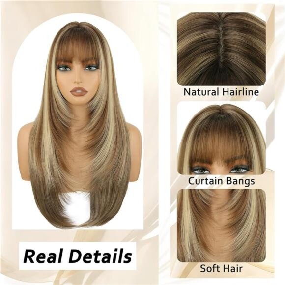 Brown Long Straight Layered Wig with Bangs for Women - Picture 3 of 5